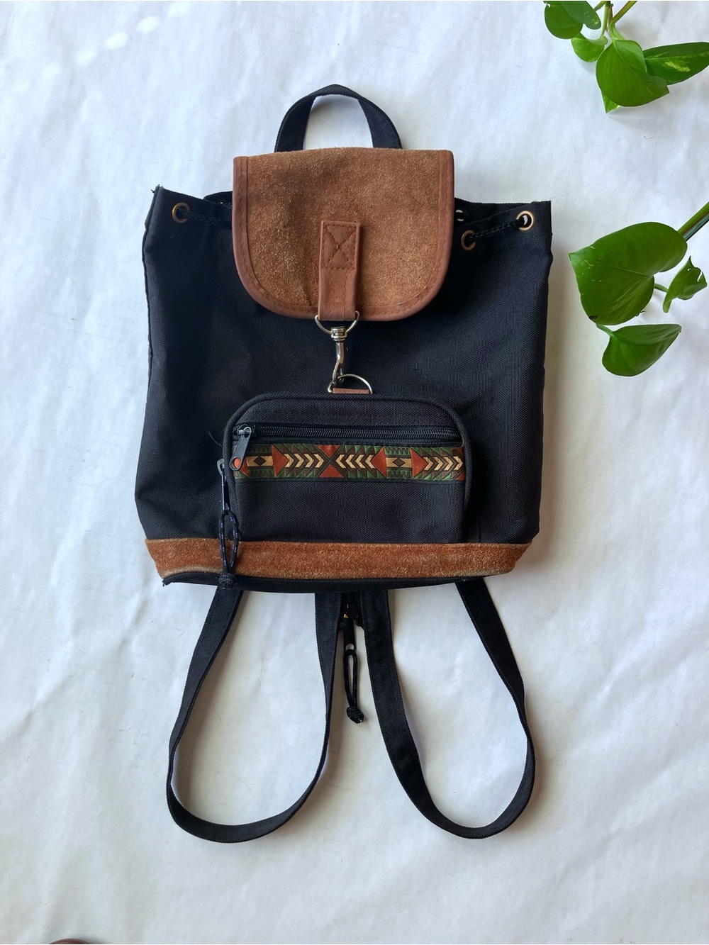 90s Vintage Black Canvas Brown Suede Southwestern Backpack